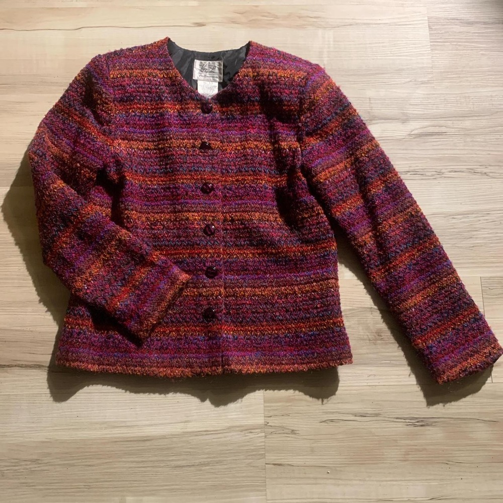 Kathie Lee Collection Red Purple Tweed Jacket Fuzzy Trim Shoulder Pads Small 4/6